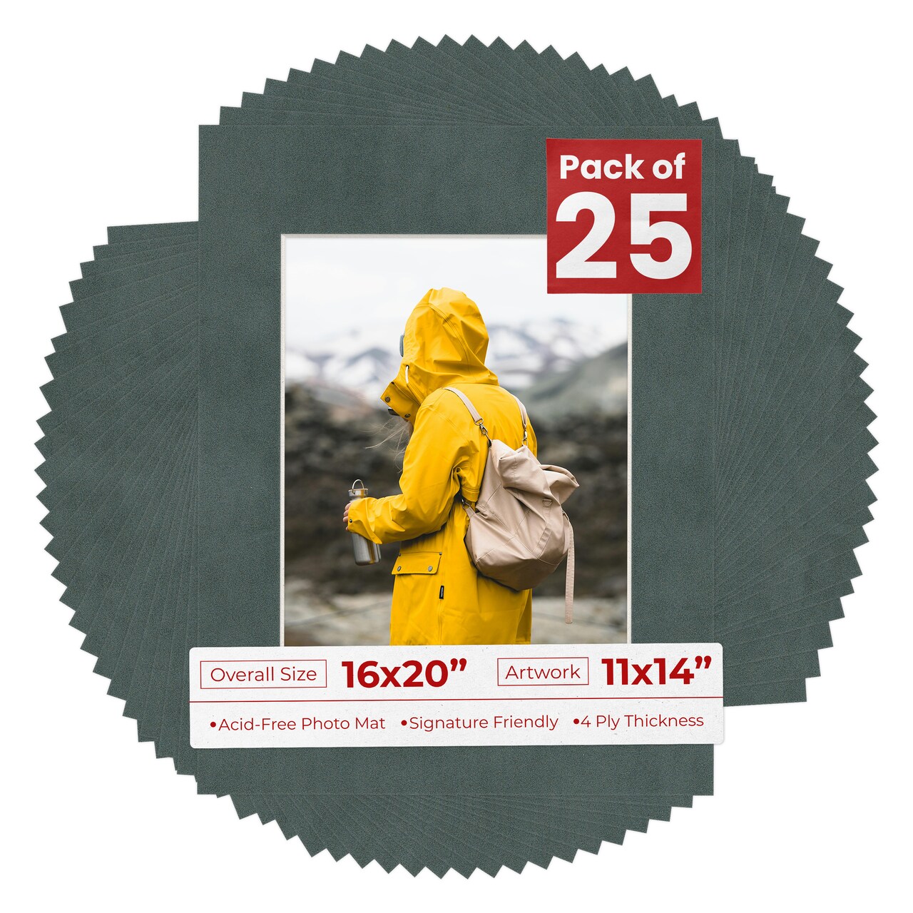 Dark Grey Suede Mat Board for 16x20 Frames - Fits 11x14 Photos